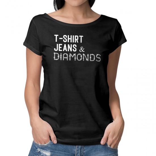 T Shirt Jeans and Diamonds, ladies t-shirt, BIO cotton, with modern round neck, refined with original lead crystal